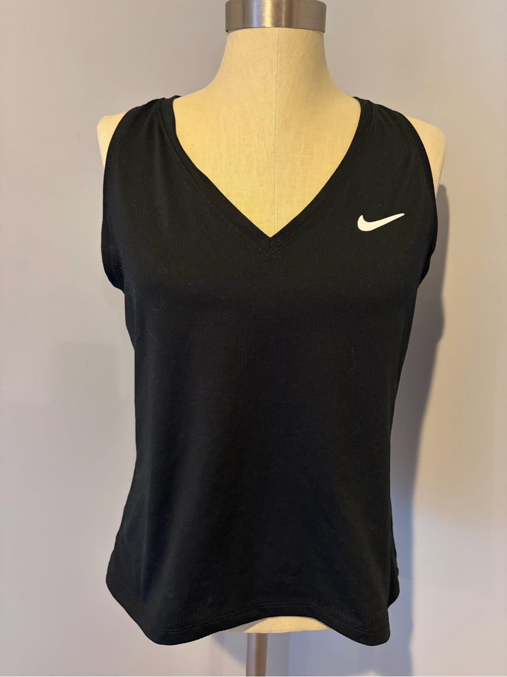 Nike Dri Fit Black V-Neck Performance Tank with White Swoosh